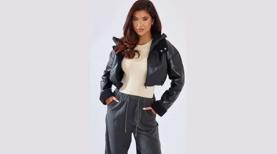 Black Faux Leather Borg Lined Super Cropped Aviator Jacket
