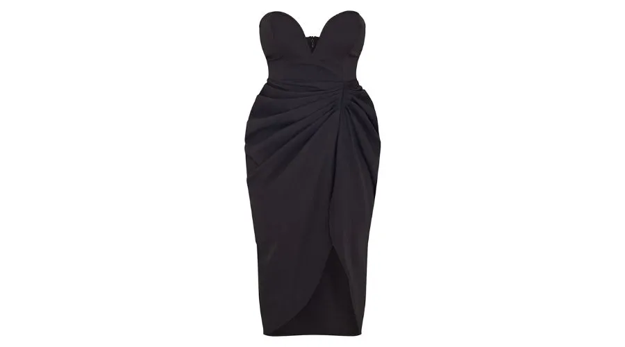 Black Woven Bandeau V Bar Gathered Hip Midi Dress