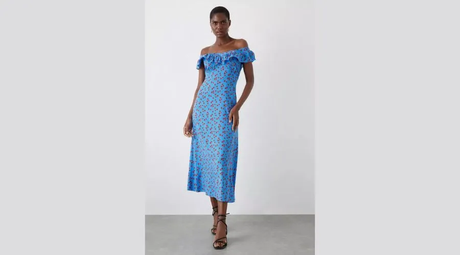 Blue Strawberry Ruffle Bardot Midi Dress