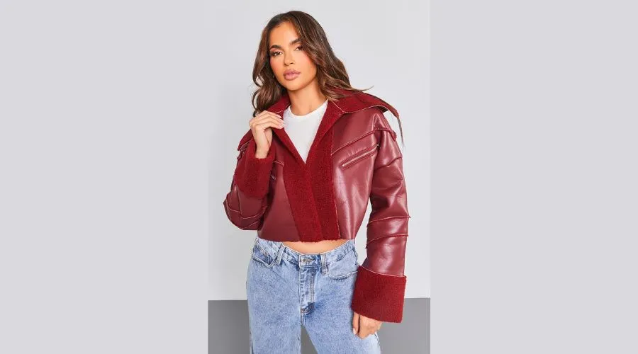 Cherry Red Bonded Borg Lined Faux Leather Cropped Aviator Jacket