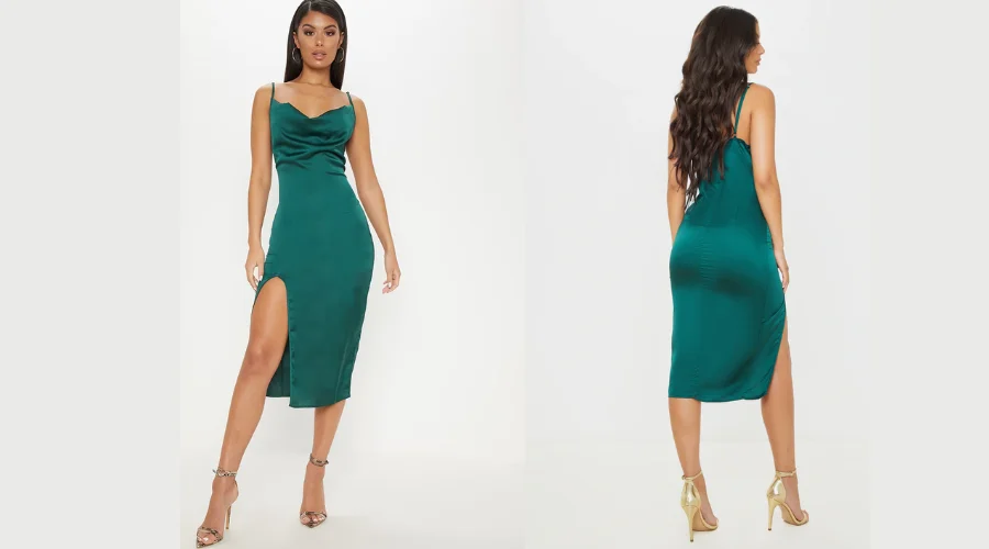 Emerald Green Strappy Satin Cowl Midi Dress
