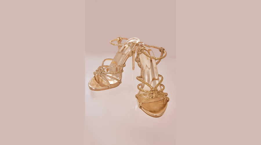 Gold Point Toe Diamante Knot Strappy Sandals