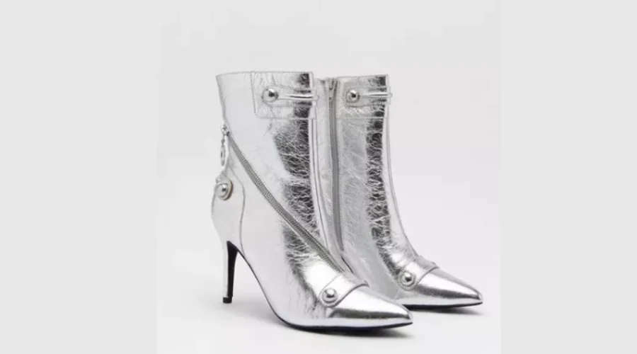 Leather Metallic Zip & Stud Pointed Toe Ankle Boots