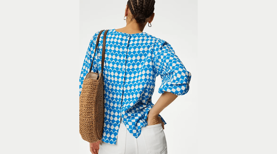 Linen Blend Printed Button Detail Blouse