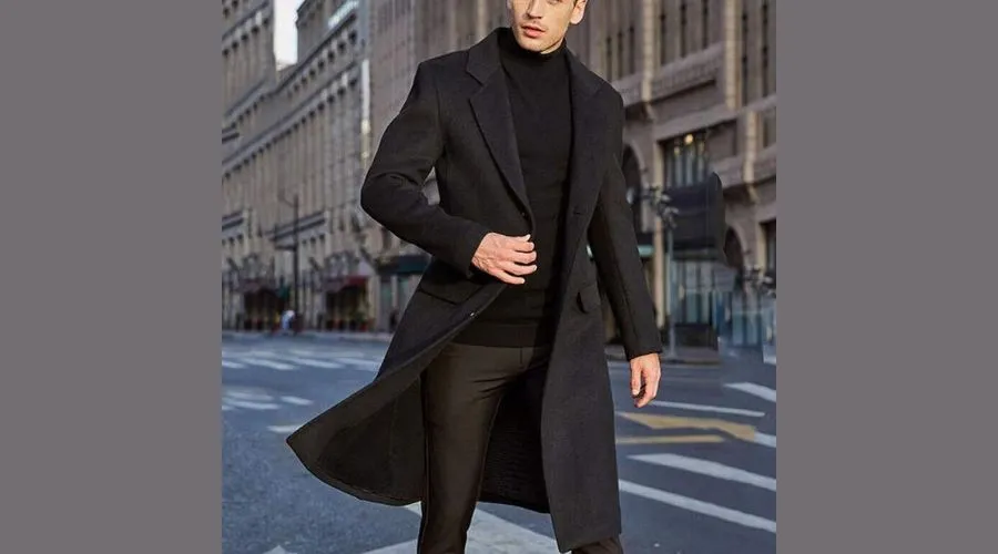 Men's British Style Mid-Length Woolen Overcoat With Long Sleeves, AutumnWinter Outerwear