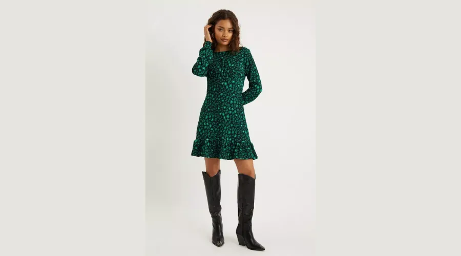 Petite Green Leopard Frill Hem Mini Dress