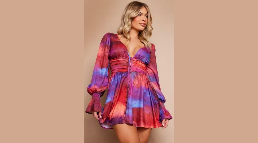 Pink Abstract Painted Button Detail Puff Sleeve Dress