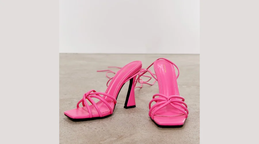 Pink PU Square Toe Knot Lace Up Flared High Heeled Sandals