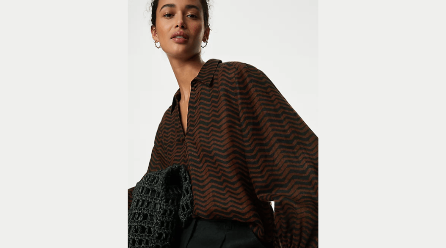 Pure Linen Printed Collared Popover Blouse