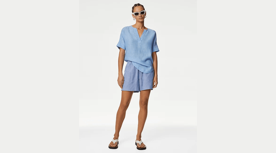 Pure Linen V-Neck Popover Blouse