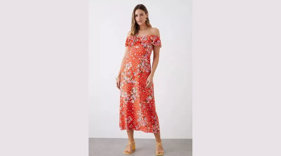 Red Ditsy Ruffle Bardot Midi Dress