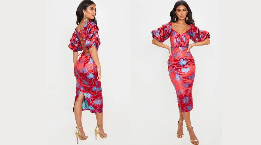 Red Floral Jacquard Lace Up Back Midi Dress