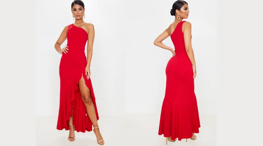 Red One Shoulder Frill Split Maxi Dress