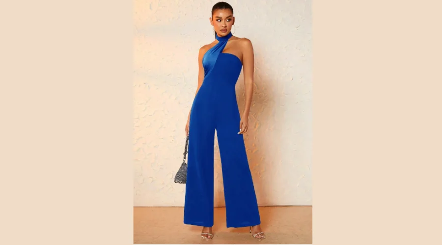 SHEIN BAE Solid Halter Neck Wide Leg Jumpsuit