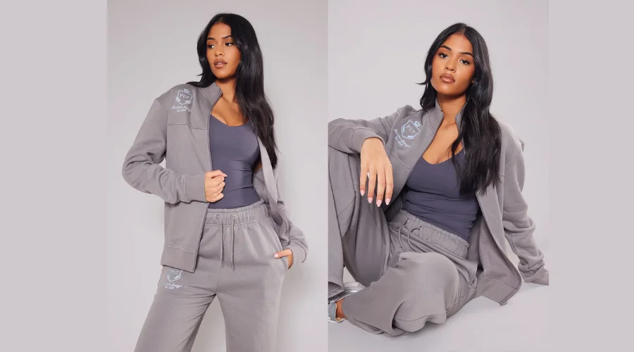 Tall Charcoal Plt Embroidered Seam Detail Zip Through Track Top + Wide Leg Joggers