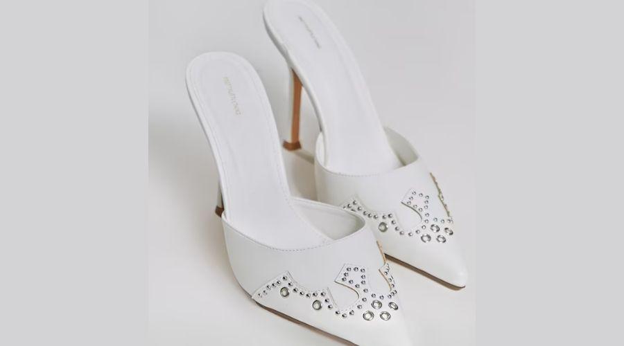 White Wide Fit PU Western Detail High Heeled Courts
