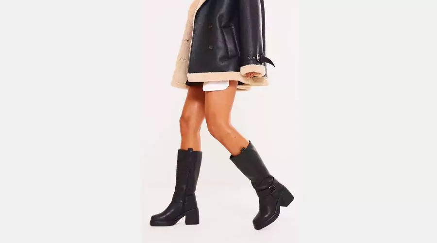Black Faux Leather Square Toe Buckle Thigh High Boots