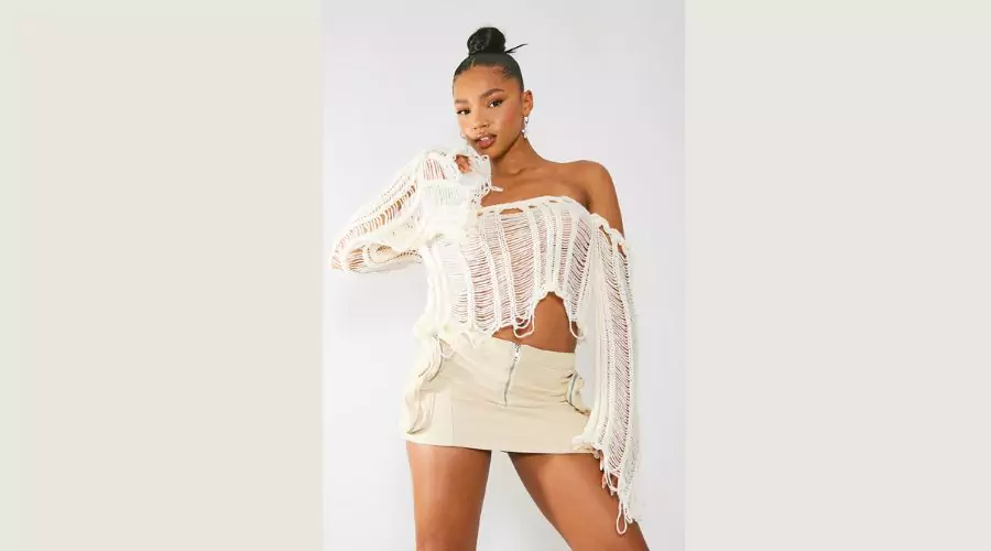Cream Extreme distressed off shoulder knit top