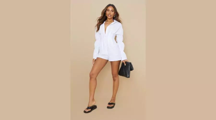 White Fitted Waist Button Up Shirt Style Romper