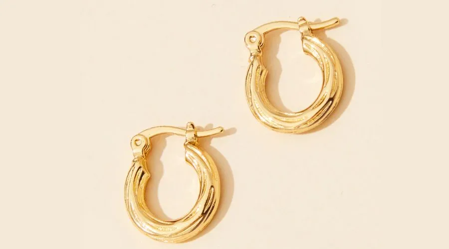 Real Gold Plated Mini Twist Detail Thin Hoop Earrings