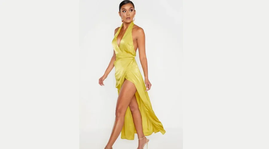 Light Lime Hammered Satin Halterneck Maxi Dress