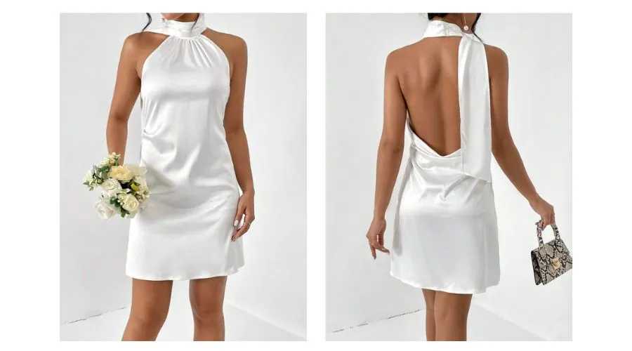 SHEIN Privé Solid Draped Backless Satin Dress