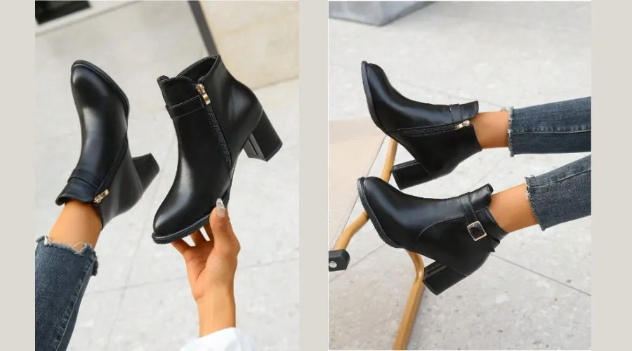 Thick heel Round Toe Medium black leather ankle boots for women
