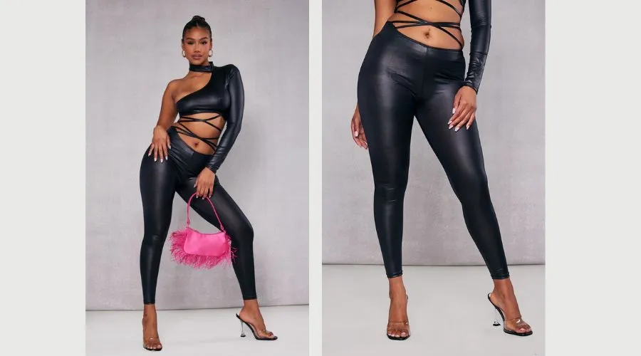 Black Disco Slinky Low Rise Wrap Waist Leggings