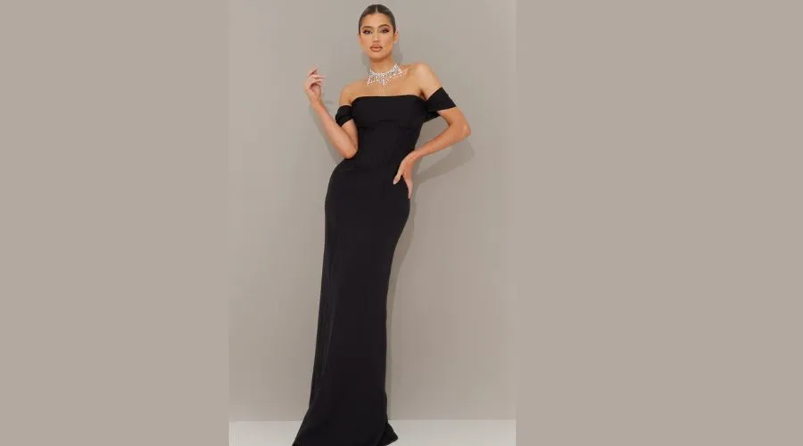 Black Corset Detail Bardot Bridesmaid Dress
