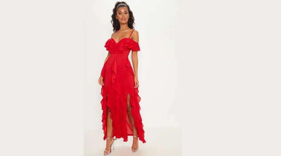 Red Cold Shoulder Ruffle Detail Maxi Dress