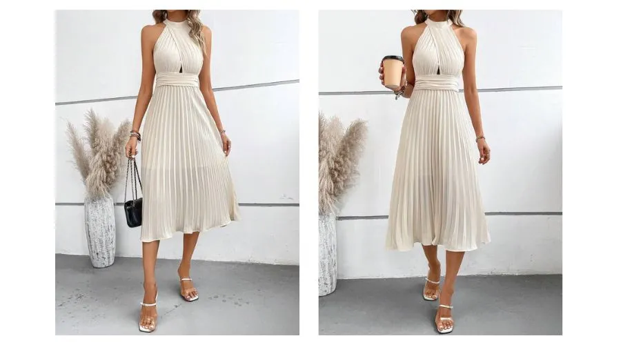 SHEIN MOD Solid Pleated Hem Halter Neck Dress