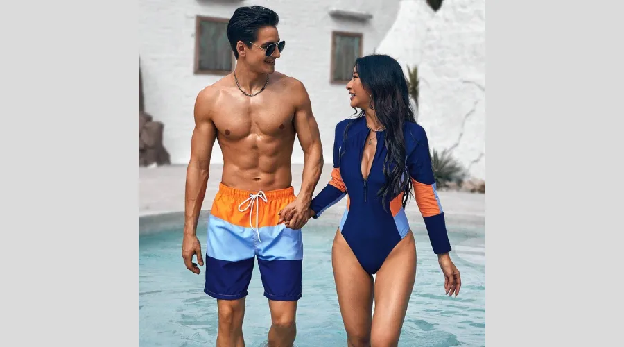 Color Block Drawstring Beach Shorts for Men + SHEIN Swim SPRTY Color Block Front Zip One-Piece Swimsuit