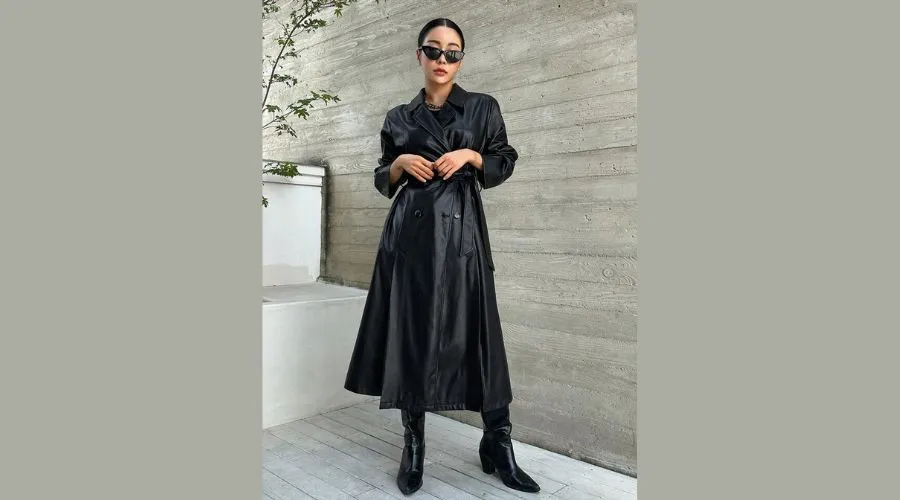 DAZY Lapel Neck Belted Leather Trench Coat