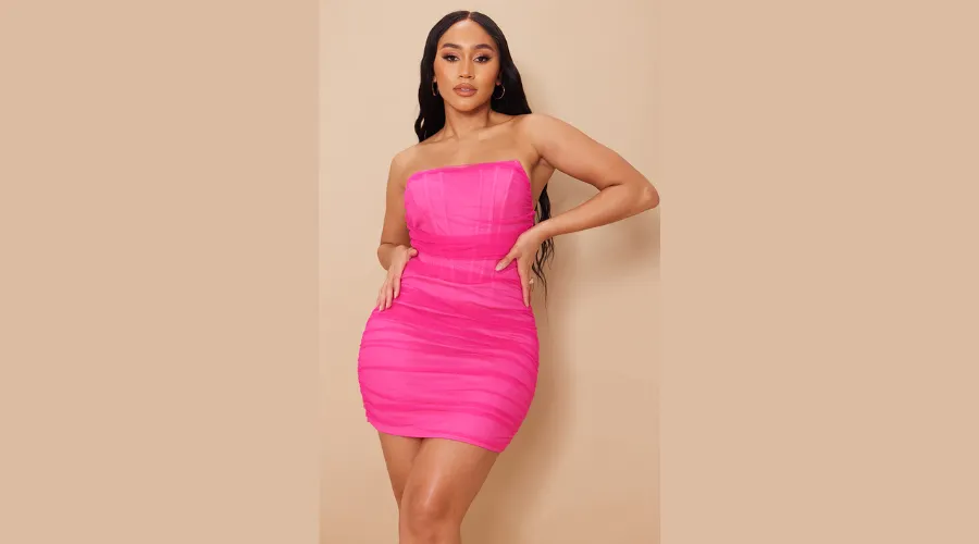 Hot Pink Mesh Corset Ruched Bodycon Dress