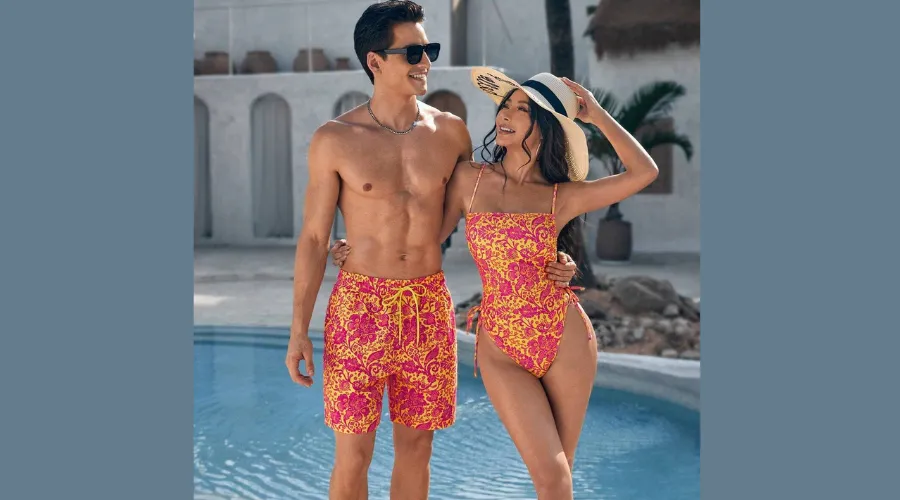 Men's Beach Shorts With All-Over Floral Print And Drawstring Waist + Bikinx 1 Piece One Piece Swimsuit Floral Print Drawstring Side