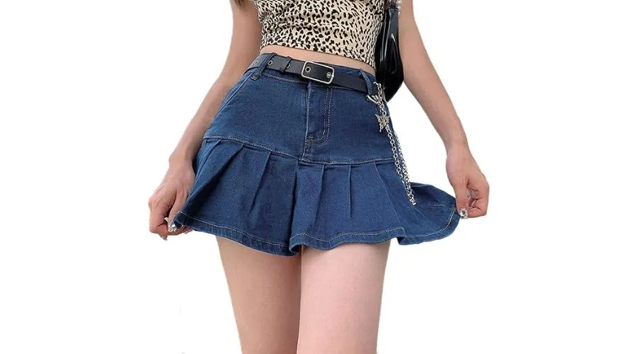 SHEIN ICON Women's Pleated Denim Mini Skirt- Blue 