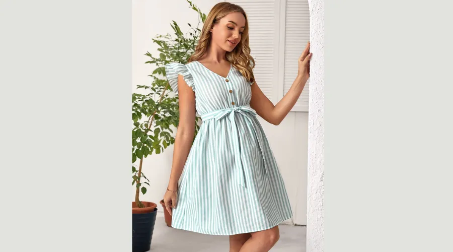 SHEIN Maternity Belted Striped Button Dress