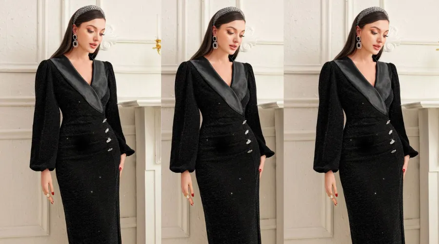 SHEIN Modely Women's Shawl Collar Lantern Sleeve Button Detail Slit Hem Dress