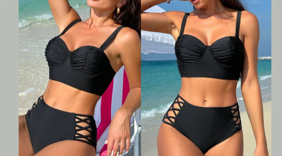 SHEIN Swim Basics Women's Triangle Bottom Steel Ring Padded Bra Bikini Set