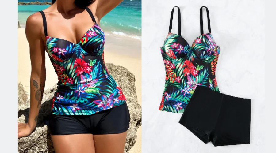 SHEIN Swim Classy Tropical Print Tankini Set