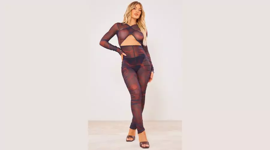 Brown Cross Front Mesh Ruched Jumpsuit