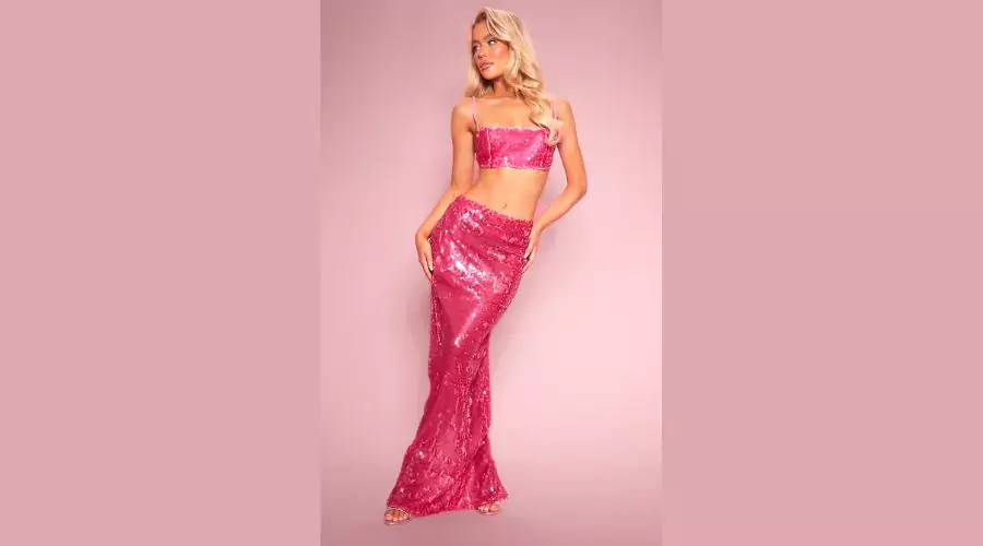 Hot Pink Sheer Sequin High Waist Maxi Skirt