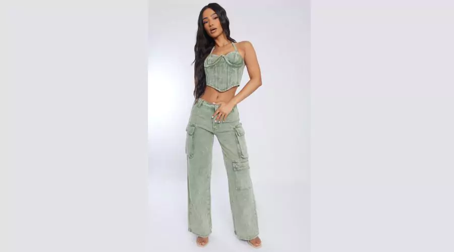 Petite Washed Green Denim Cargo Jeans
