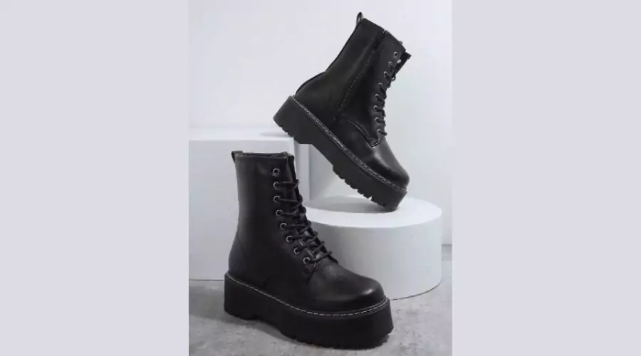 Faux Leather Lace Up Lug Sole Combat Boots