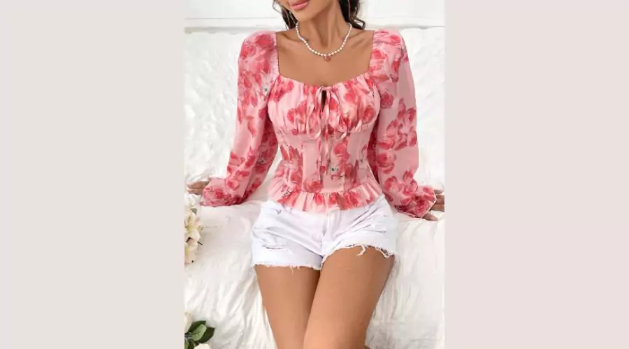 SHEIN WYWH Women's Floral Printed Tie Sweetheart Neck Peplum Blouse