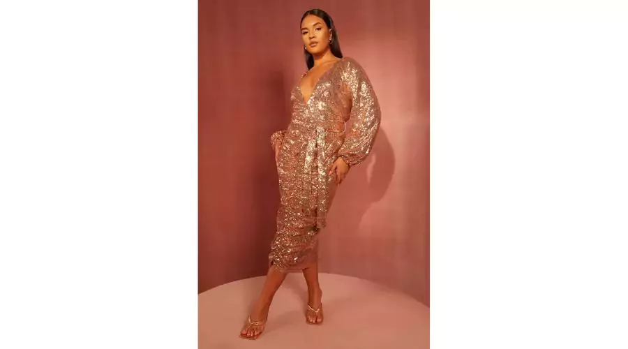 Plus Sequin Ruched Belted Midi Dress 