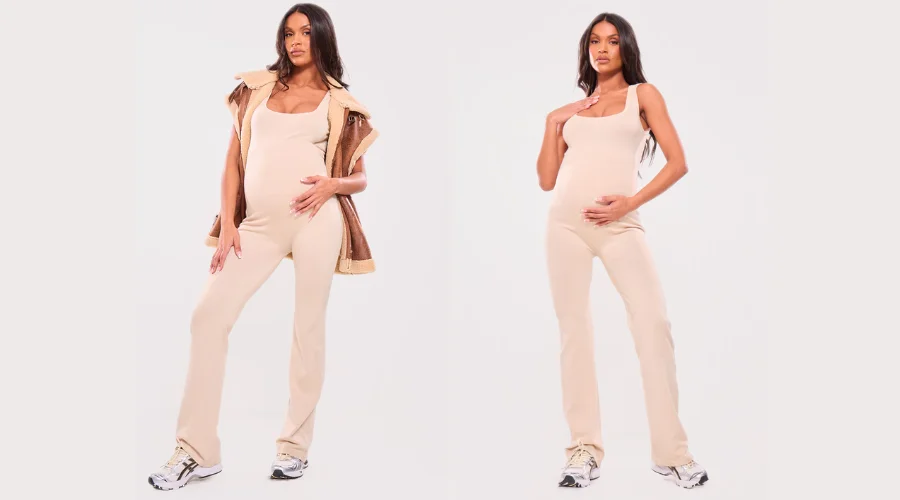 Maternity Oatmeal Knitted Square Neck Jumpsuit