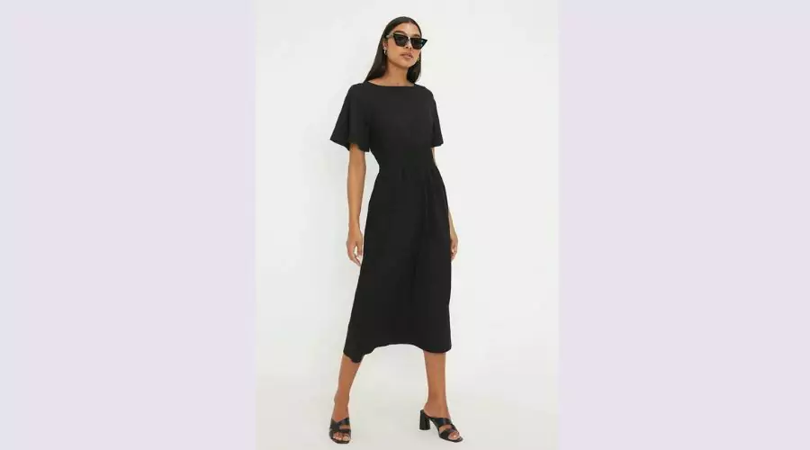 Black Shirred Waist Short Sleeve Midi Dress