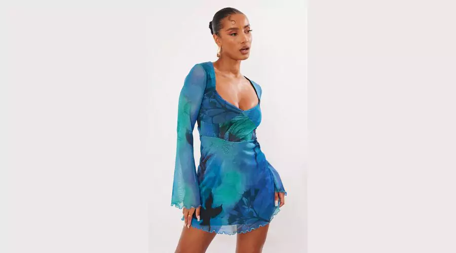 Blue Blur Floral Print Mesh Underbust Detail Shift Dress