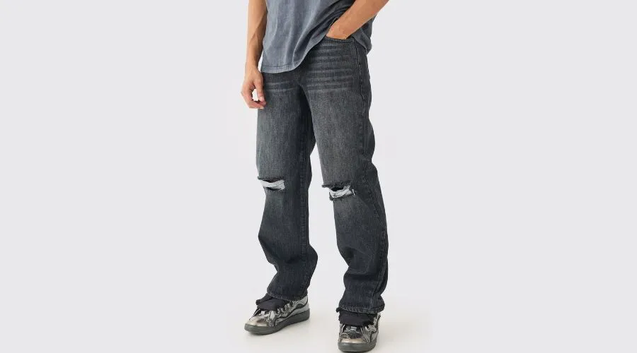 Baggy Rigid Black Wash Ripped Knee Jeans